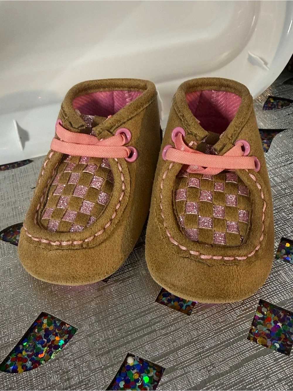 Twister Brown and Pink newborn/infant Moccasin Slip-Ons